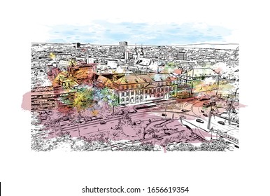 Building view with landmark of Mainz is a German city on the Rhine River. It’s known for its old town. Watercolor splash with Hand drawn sketch illustration in vector.