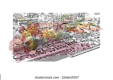 Building view with landmark of Mainz is a German city on the Rhine River. It’s known for its old town. Watercolor splash with Hand drawn sketch illustration in vector.