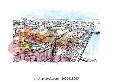 Building view with landmark of Mainz is a German city on the Rhine River. It’s known for its old town. Watercolor splash with Hand drawn sketch illustration in vector.