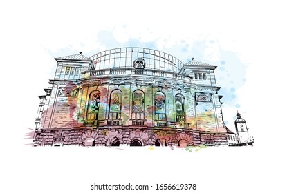 Building view with landmark of Mainz is a German city on the Rhine River. It’s known for its old town. Watercolor splash with Hand drawn sketch illustration in vector.