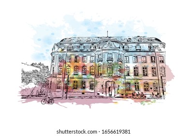 Building view with landmark of Mainz is a German city on the Rhine River. It’s known for its old town. Watercolor splash with Hand drawn sketch illustration in vector.