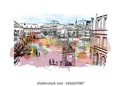 Building view with landmark of Mainz is a German city on the Rhine River. It’s known for its old town. Watercolor splash with Hand drawn sketch illustration in vector.