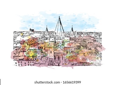 Building view with landmark of Mainz is a German city on the Rhine River. It’s known for its old town. Watercolor splash with Hand drawn sketch illustration in vector.