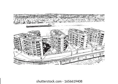 La vista del edificio con el punto de referencia de Maguncia es una ciudad alemana situada en el río Rin. Es conocido por su casco antiguo. Dibujo dibujado a mano en vector.