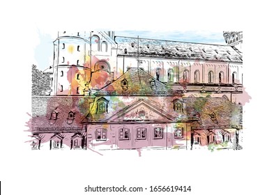 Building view with landmark of Mainz is a German city on the Rhine River. It’s known for its old town. Watercolor splash with Hand drawn sketch illustration in vector.