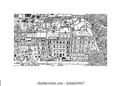 Building view with landmark of Mainz is a German city on the Rhine River. It’s known for its old town. Hand drawn sketch illustration in vector.