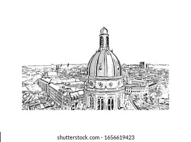 Building view with landmark of Mainz is a German city on the Rhine River. It’s known for its old town. Hand drawn sketch illustration in vector.