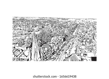 Building view with landmark of Mainz is a German city on the Rhine River. It’s known for its old town. Hand drawn sketch illustration in vector.