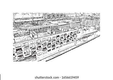 La vista del edificio con el punto de referencia de Maguncia es una ciudad alemana situada en el río Rin. Es conocido por su casco antiguo. Dibujo dibujado a mano en vector.