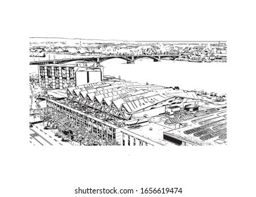 Building view with landmark of Mainz is a German city on the Rhine River. It’s known for its old town. Hand drawn sketch illustration in vector.