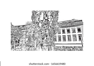 Building view with landmark of Mainz is a German city on the Rhine River. It’s known for its old town. Hand drawn sketch illustration in vector.