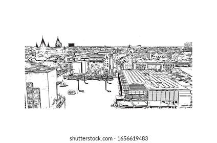 Building view with landmark of Mainz is a German city on the Rhine River. It’s known for its old town. Hand drawn sketch illustration in vector.