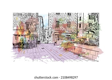 Building view with landmark of Makarska is the 
city in Croatia. Watercolor splash with hand drawn sketch illustration in vector.