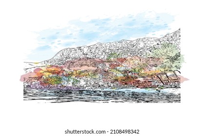 Building view with landmark of Makarska is the 
city in Croatia. Watercolor splash with hand drawn sketch illustration in vector.