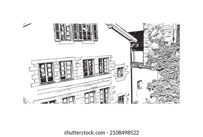 Building view with landmark of Makarska is the 
city in Croatia. Hand drawn sketch illustration in vector.