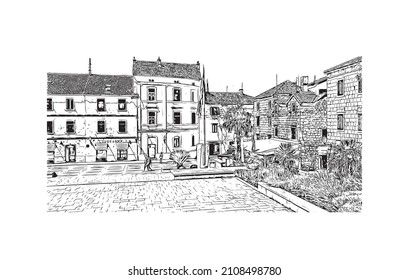 Building view with landmark of Makarska is the 
city in Croatia. Hand drawn sketch illustration in vector. svg