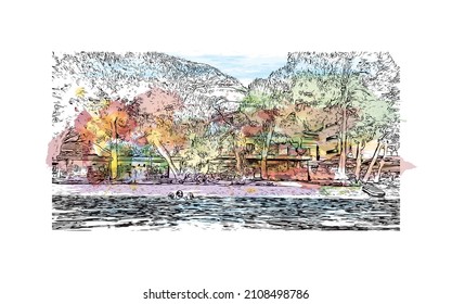 Building view with landmark of Makarska is the 
city in Croatia. Watercolor splash with hand drawn sketch illustration in vector.