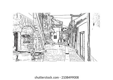 Building view with landmark of Makarska is the 
city in Croatia. Hand drawn sketch illustration in vector.