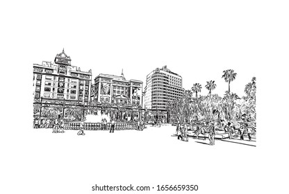 Building view with landmark of Malaga is a municipality of Spain, capital of the Province of Malaga, in the autonomous community of Andalusia. Hand drawn sketch illustration in vector.