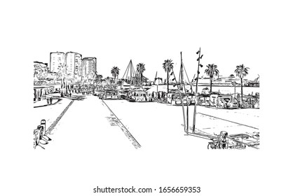 Building view with landmark of Malaga is a municipality of Spain, capital of the Province of Malaga, in the autonomous community of Andalusia. Hand drawn sketch illustration in vector.