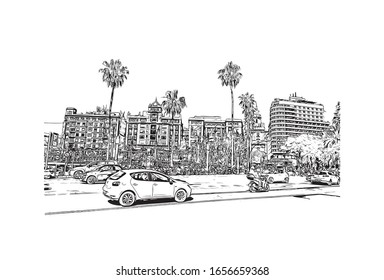 Building view with landmark of Malaga is a municipality of Spain, capital of the Province of Malaga, in the autonomous community of Andalusia. Hand drawn sketch illustration in vector.