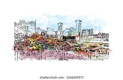 Building view with landmark of Malaga is a municipality of Spain, capital of the Province of Malaga, in the autonomous community of Andalusia. Watercolor splash with Hand drawn sketch in vector.