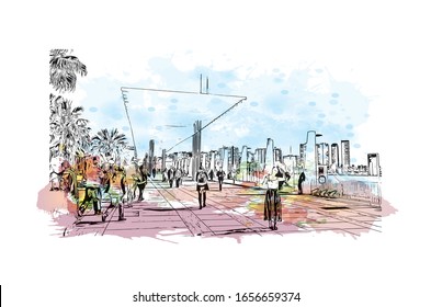 Building view with landmark of Malaga is a municipality of Spain, capital of the Province of Malaga, in the autonomous community of Andalusia. Watercolor splash with Hand drawn sketch in vector.