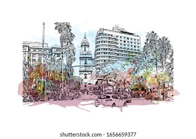 Building view with landmark of Malaga is a municipality of Spain, capital of the Province of Malaga, in the autonomous community of Andalusia. Watercolor splash with Hand drawn sketch in vector.