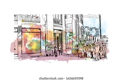 Building view with landmark of Malaga is a municipality of Spain, capital of the Province of Malaga, in the autonomous community of Andalusia. Watercolor splash with Hand drawn sketch in vector.