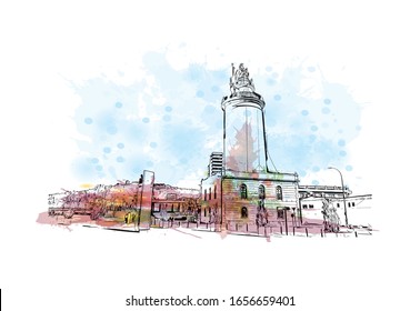 Building view with landmark of Malaga is a municipality of Spain, capital of the Province of Malaga, in the autonomous community of Andalusia. Watercolor splash with Hand drawn sketch in vector.