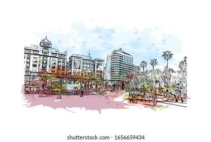 Building view with landmark of Malaga is a municipality of Spain, capital of the Province of Malaga, in the autonomous community of Andalusia. Watercolor splash with Hand drawn sketch in vector.