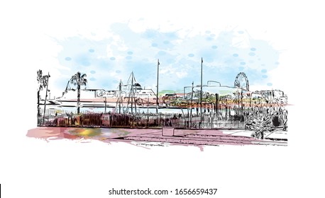 Building view with landmark of Malaga is a municipality of Spain, capital of the Province of Malaga, in the autonomous community of Andalusia. Watercolor splash with Hand drawn sketch in vector.