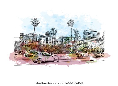 Building view with landmark of Malaga is a municipality of Spain, capital of the Province of Malaga, in the autonomous community of Andalusia. Watercolor splash with Hand drawn sketch in vector.