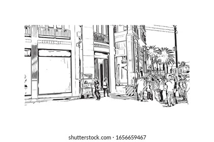 Building view with landmark of Malaga is a municipality of Spain, capital of the Province of Malaga, in the autonomous community of Andalusia. Hand drawn sketch illustration in vector.