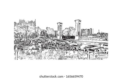 Building view with landmark of Malaga is a municipality of Spain, capital of the Province of Malaga, in the autonomous community of Andalusia. Hand drawn sketch illustration in vector.