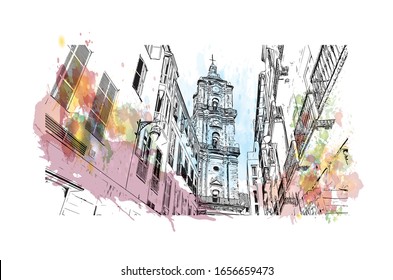 Building view with landmark of Malaga is a municipality of Spain, capital of the Province of Malaga, in the autonomous community of Andalusia. Watercolor splash with Hand drawn sketch in vector.