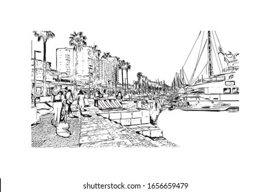 Building view with landmark of Malaga is a municipality of Spain, capital of the Province of Malaga, in the autonomous community of Andalusia. Hand drawn sketch illustration in vector.