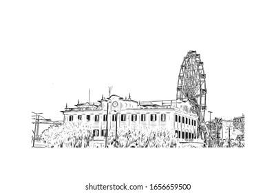 Building view with landmark of Malaga is a municipality of Spain, capital of the Province of Malaga, in the autonomous community of Andalusia. Hand drawn sketch illustration in vector.