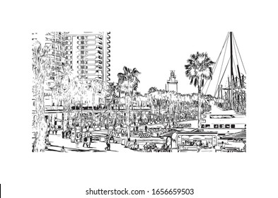Building view with landmark of Malaga is a municipality of Spain, capital of the Province of Malaga, in the autonomous community of Andalusia. Hand drawn sketch illustration in vector.