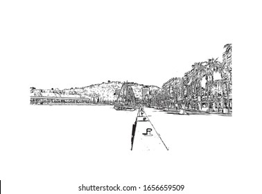 Building view with landmark of Malaga is a municipality of Spain, capital of the Province of Malaga, in the autonomous community of Andalusia. Hand drawn sketch illustration in vector.