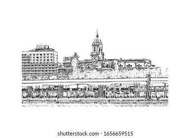 Building view with landmark of Malaga is a municipality of Spain, capital of the Province of Malaga, in the autonomous community of Andalusia. Hand drawn sketch illustration in vector.