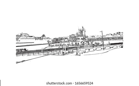 Building view with landmark of Malaga is a municipality of Spain, capital of the Province of Malaga, in the autonomous community of Andalusia. Hand drawn sketch illustration in vector.