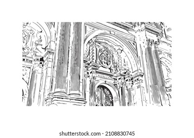 Der Ausblick auf das Gebäude mit Wahrzeichen von Malaga ist der 
Gemeinde in Spanien. Handgezeichnete Skizzengrafik in Vektorgrafik.