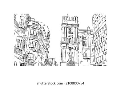 Building view with landmark of Malaga is the 
municipality in Spain. Hand drawn sketch illustration in vector.