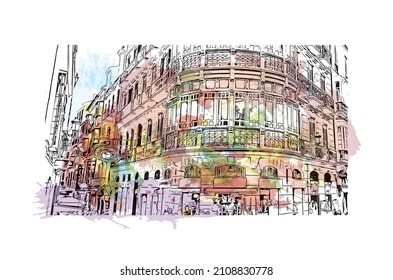 Building view with landmark of Malaga is the 
municipality in Spain. Watercolor splash with hand drawn sketch illustration in vector.
