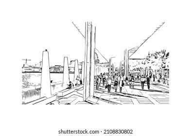 Der Ausblick auf das Gebäude mit Wahrzeichen von Malaga ist der 
Gemeinde in Spanien. Handgezeichnete Skizzengrafik in Vektorgrafik.