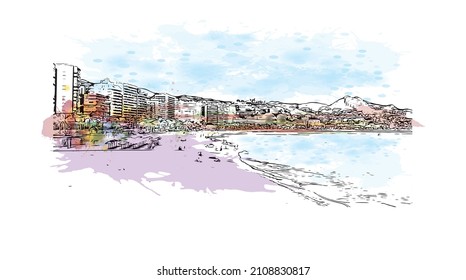 Building view with landmark of Malaga is the 
municipality in Spain. Watercolor splash with hand drawn sketch illustration in vector.