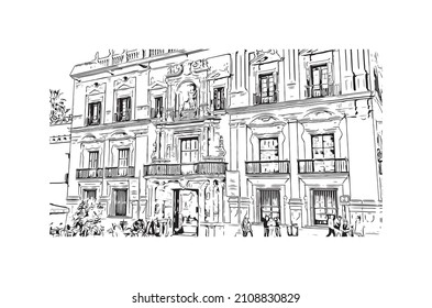 Building view with landmark of Malaga is the 
municipality in Spain. Hand drawn sketch illustration in vector.