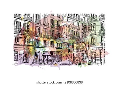 Building view with landmark of Malaga is the 
municipality in Spain. Watercolor splash with hand drawn sketch illustration in vector.