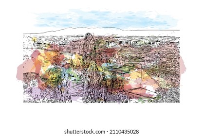 Building view with landmark of Malaga is the 
municipality in Spain. Watercolor splash with hand drawn sketch illustration in vector.